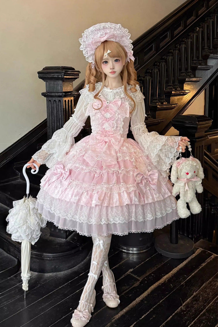 Lolita Lace Headbow - Dream-sinking Pearl Veil, Pink, Layered, Sweet Style, Bow Detail - additional product view 4