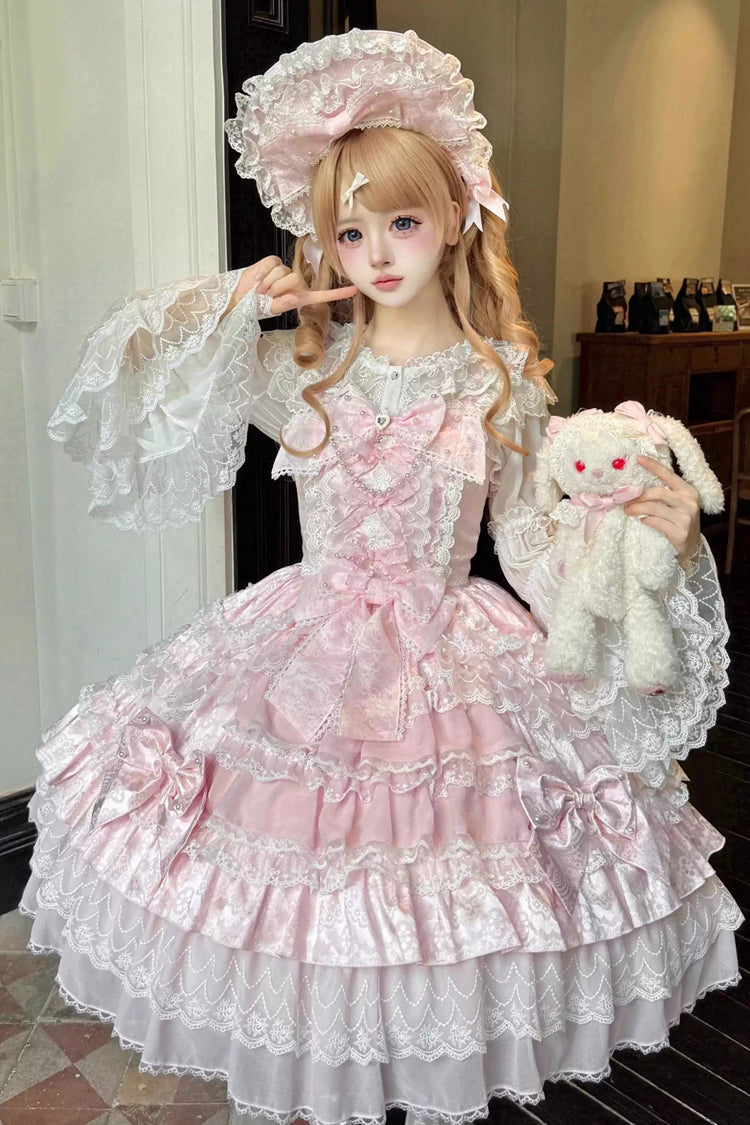 Lolita Lace Headbow - Dream-sinking Pearl Veil, Pink, Layered, Sweet Style, Bow Detail - main product image