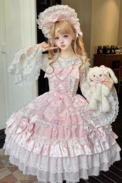 Lolita Lace Headbow - Dream-sinking Pearl Veil, Pink, Layered, Sweet Style, Bow Detail - main product image