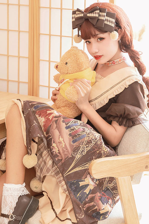 Lolita OP Dress - Alchemist Cartoon Anime Print, Brown, Printed, Sweet Style, Bow Detail - additional product view 4