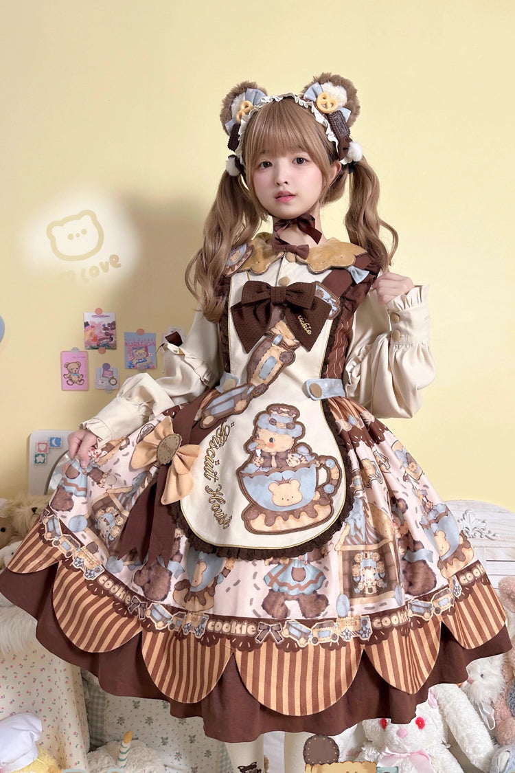Lolita OP Dress - Bear Cookies, 2 Colors, Long Sleeves, Sweet Style, Bow Detail - additional product view 2
