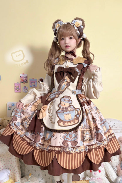 Lolita OP Dress - Bear Cookies, 2 Colors, Long Sleeves, Sweet Style, Bow Detail - additional product view 2