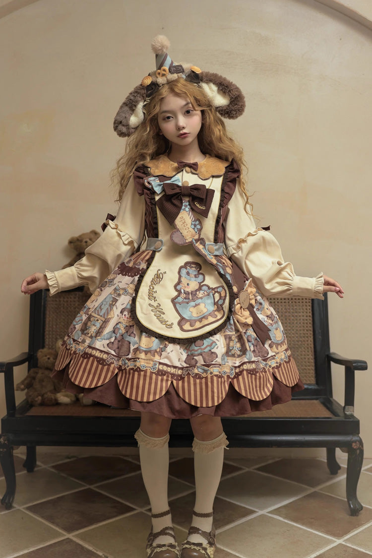 Lolita OP Dress - Bear Cookies, 2 Colors, Long Sleeves, Sweet Style, Bow Detail - additional product view 5