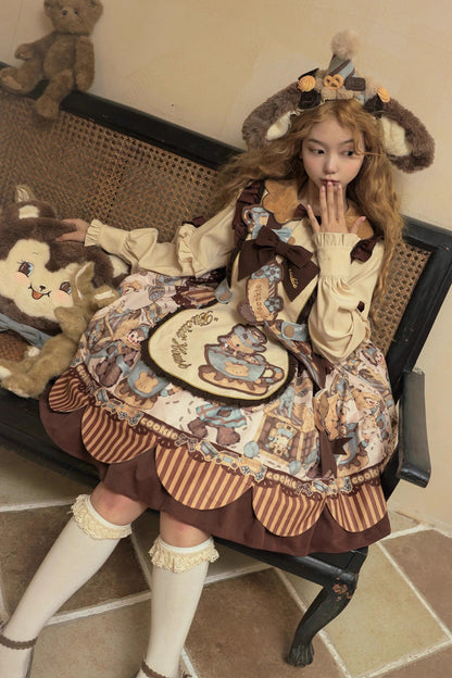 Lolita OP Dress - Bear Cookies, 2 Colors, Long Sleeves, Sweet Style, Bow Detail - additional product view 6