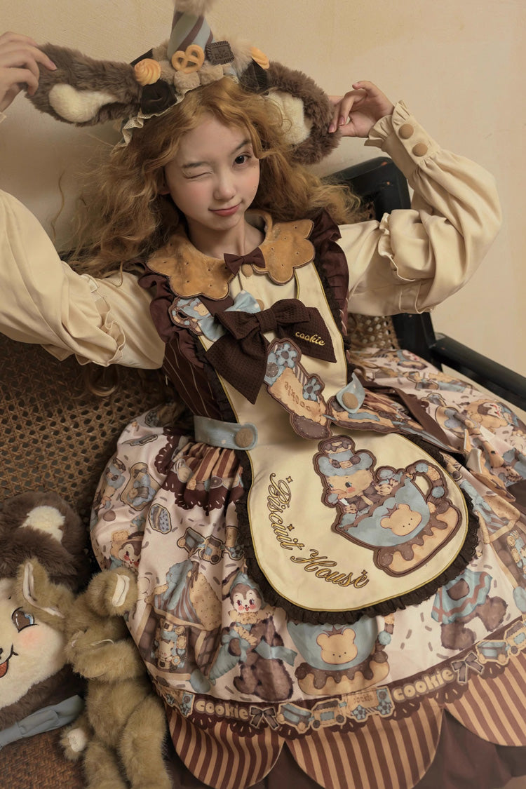 Lolita OP Dress - Bear Cookies, 2 Colors, Long Sleeves, Sweet Style, Bow Detail - additional product view 7