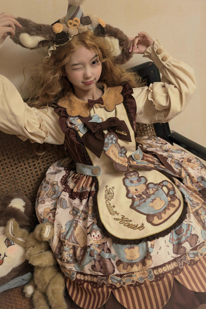 Lolita OP Dress - Bear Cookies, 2 Colors, Long Sleeves, Sweet Style, Bow Detail - additional product view 7