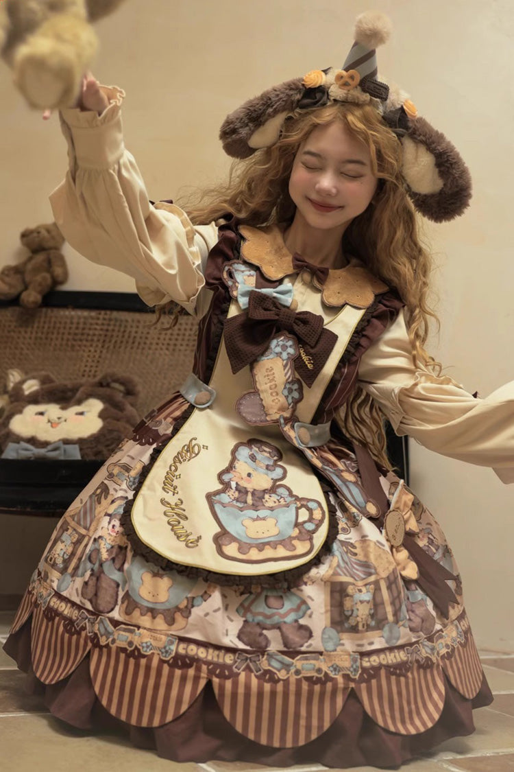 Lolita OP Dress - Bear Cookies, 2 Colors, Long Sleeves, Sweet Style, Bow Detail - additional product view 8