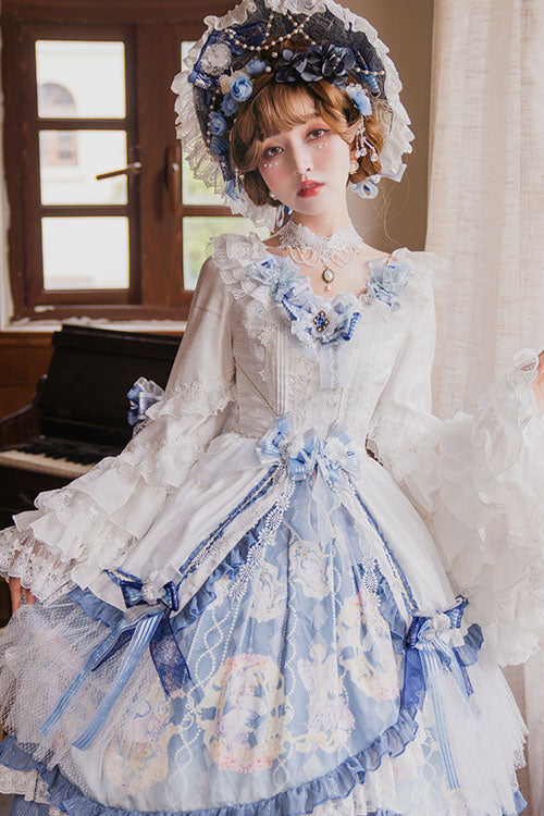 Lolita OP Dress - Blue/white Three Dimensional, 2 Colors, Sweet Style, Bow Detail, Ruffled - additional product view 2