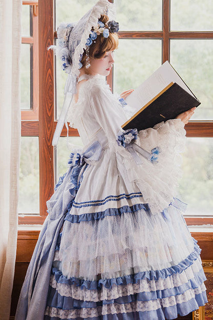 Lolita OP Dress - Blue/white Three Dimensional, 2 Colors, Sweet Style, Bow Detail, Ruffled - additional product view 4