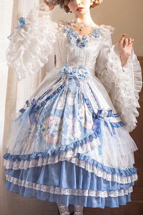Lolita OP Dress - Blue/white Three Dimensional, 2 Colors, Sweet Style, Bow Detail, Ruffled - main product image