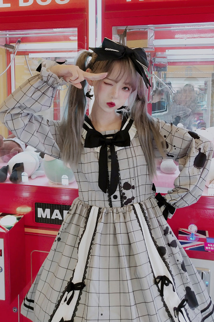Lolita OP Dress - College Style Navy Collar, Gray, Plaid, Printed, Sweet Style - additional product view 2