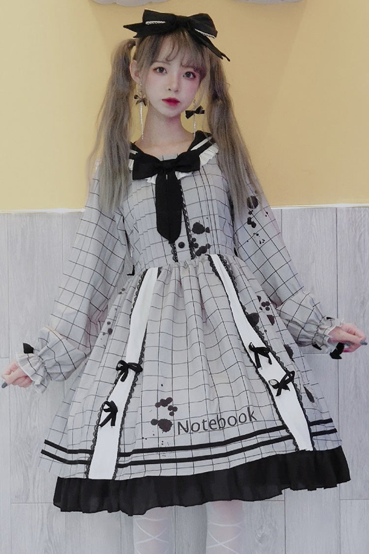 Lolita OP Dress - College Style Navy Collar, Gray, Plaid, Printed, Sweet Style - additional product view 3