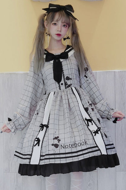 Lolita OP Dress - College Style Navy Collar, Gray, Plaid, Printed, Sweet Style - additional product view 3