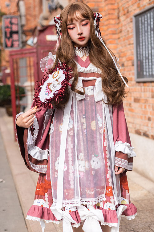 Lolita OP Dress - Dark Red Cat Print Chinese Style, Red, High Waist, Bow Detail - additional product view 2
