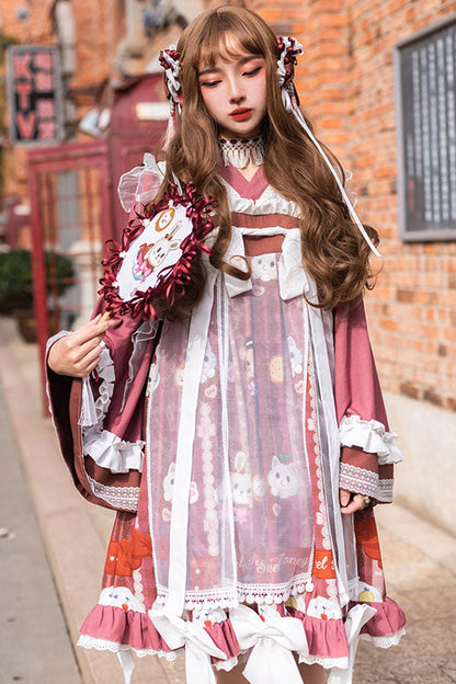 Lolita OP Dress - Dark Red Cat Print Chinese Style, Red, High Waist, Bow Detail - additional product view 2