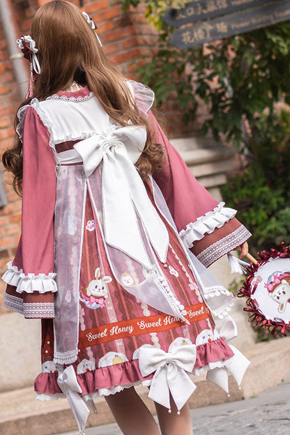 Lolita OP Dress - Dark Red Cat Print Chinese Style, Red, High Waist, Bow Detail - additional product view 4