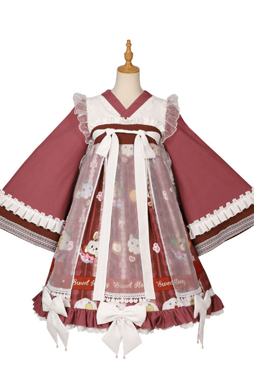 Lolita OP Dress - Dark Red Cat Print Chinese Style, Red, High Waist, Bow Detail - additional product view 5