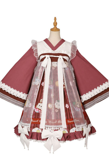 Lolita OP Dress - Dark Red Cat Print Chinese Style, Red, High Waist, Bow Detail - additional product view 5