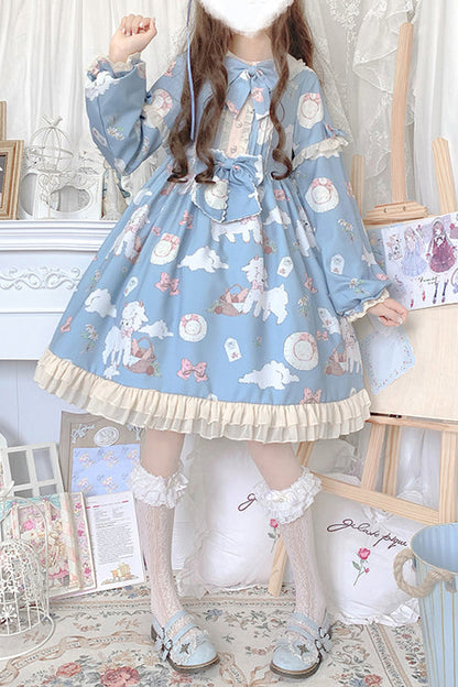 Lolita OP Dress - Doll Collar Lantern Sleeves, 2 Colors, Printed, Sweet Style - main product image