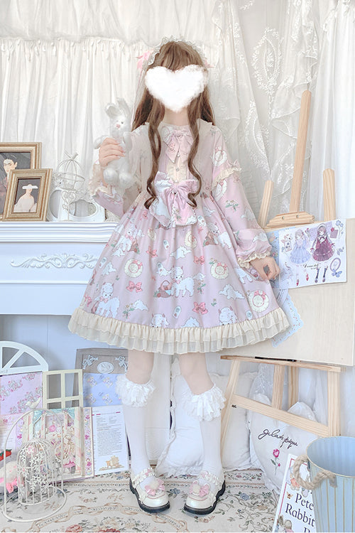 Lolita OP Dress - Doll Collar Lantern Sleeves, 2 Colors, Printed, Sweet Style - S Pink / M Pink / L Pink option