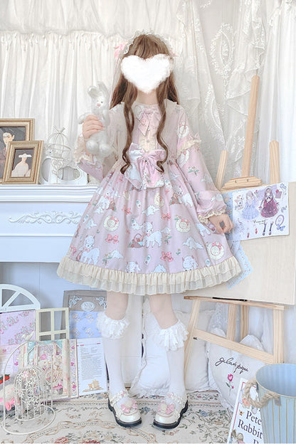 Lolita OP Dress - Doll Collar Lantern Sleeves, 2 Colors, Printed, Sweet Style - S Pink / M Pink / L Pink option