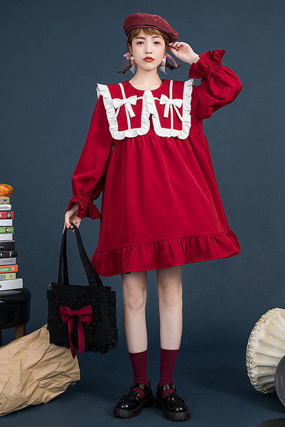 Lolita OP Dress - Doll Collar, Red, Sweet Style, Ruffled, Long Sleeves - additional product view 2