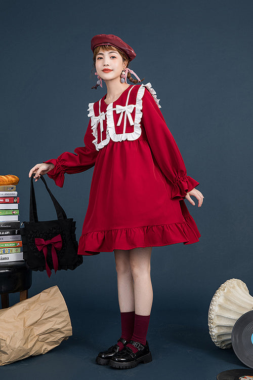 Lolita OP Dress - Doll Collar, Red, Sweet Style, Ruffled, Long Sleeves - additional product view 3