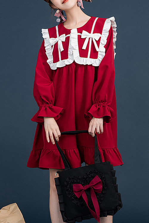 Lolita OP Dress - Doll Collar, Red, Sweet Style, Ruffled, Long Sleeves - main product image