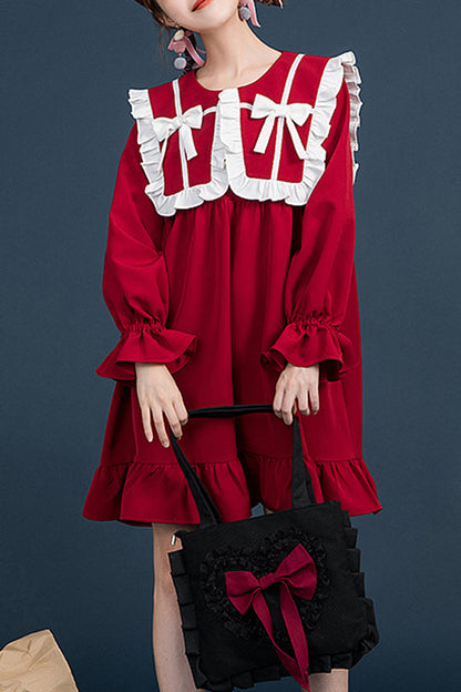 Lolita OP Dress - Doll Collar, Red, Sweet Style, Ruffled, Long Sleeves - main product image