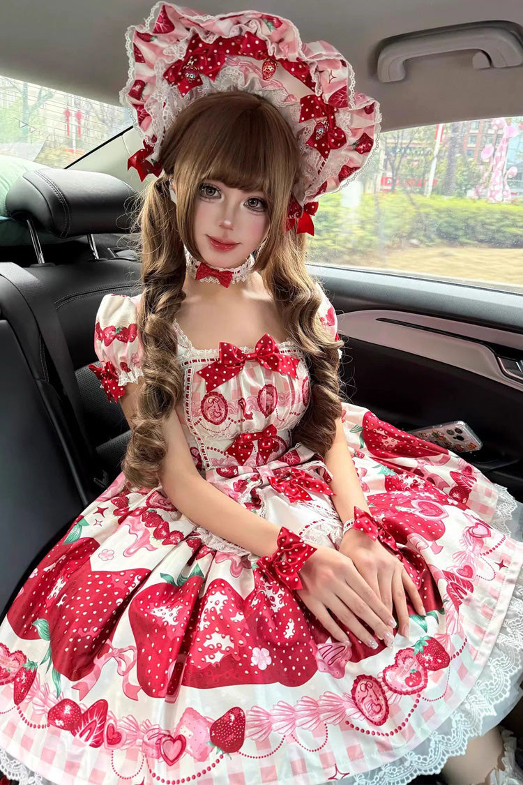 Lolita OP Dress - Dream To Strawberry, 4 Colors, Printed, Sweet Style, Bow Detail - additional product view 4