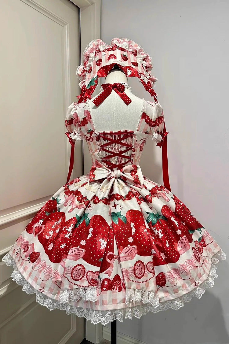 Lolita OP Dress - Dream To Strawberry, 4 Colors, Printed, Sweet Style, Bow Detail - additional product view 7