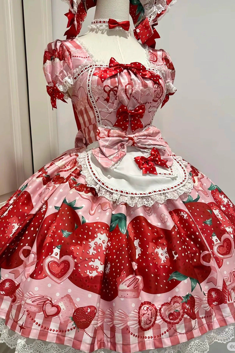 Lolita OP Dress - Dream To Strawberry, 4 Colors, Printed, Sweet Style, Bow Detail - additional product view 8