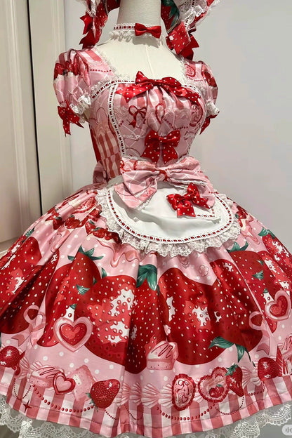 Lolita OP Dress - Dream To Strawberry, 4 Colors, Printed, Sweet Style, Bow Detail - additional product view 8