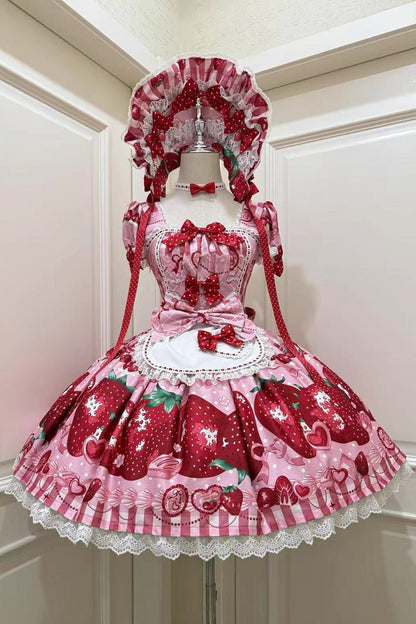Lolita OP Dress - Dream To Strawberry, 4 Colors, Printed, Sweet Style, Bow Detail - main product image