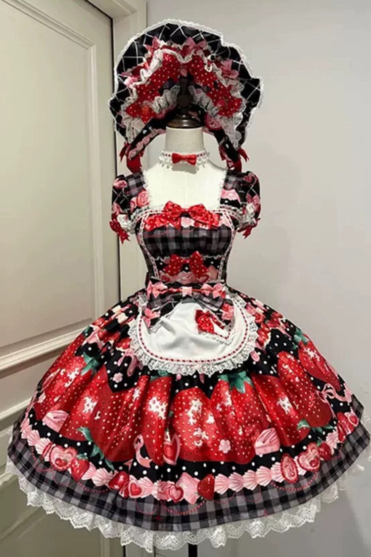 Lolita OP Dress - Dream To Strawberry, 4 Colors, Printed, Sweet Style, Bow Detail - S Black/Red / M Black/Red / L Black/Red option