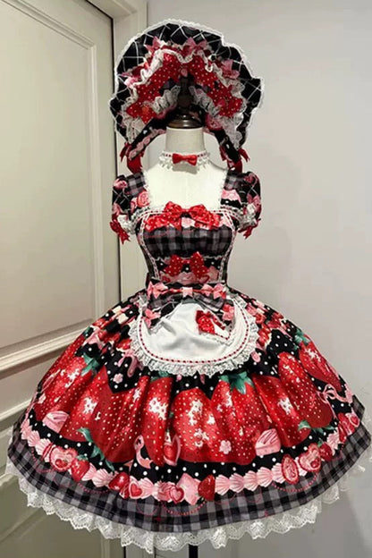 Lolita OP Dress - Dream To Strawberry, 4 Colors, Printed, Sweet Style, Bow Detail - S Black/Red / M Black/Red / L Black/Red option