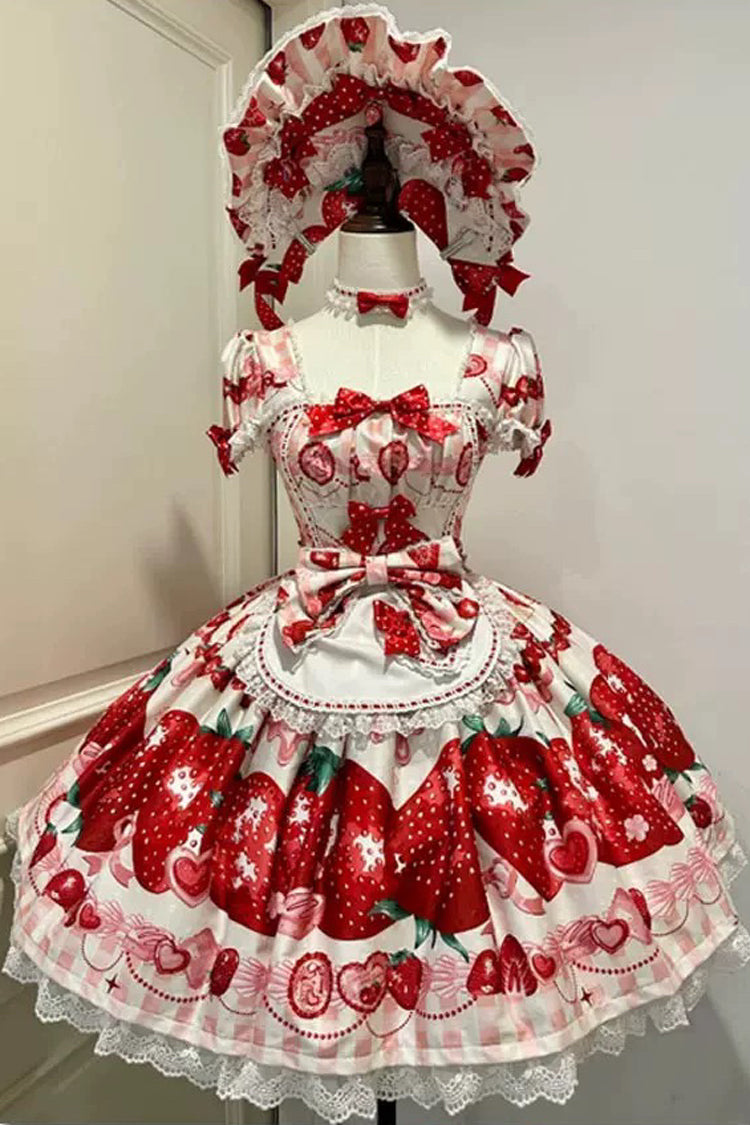 Lolita OP Dress - Dream To Strawberry, 4 Colors, Printed, Sweet Style, Bow Detail - S Ivory/Red / M Ivory/Red / L Ivory/Red option