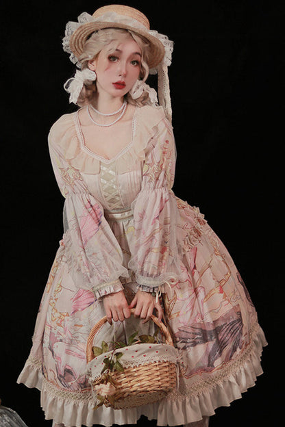 Lolita OP Dress - Elegant Printed, Pink, Sweet Style - Tea Party One-Piece - additional product view 2