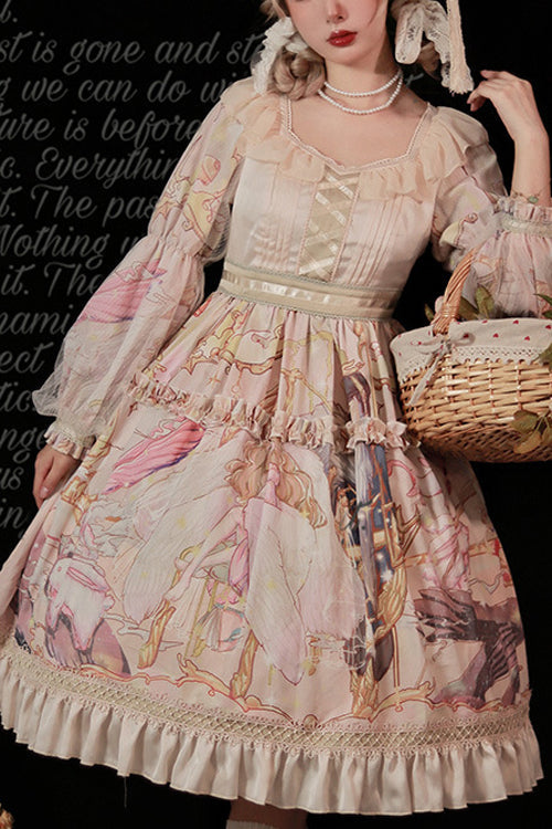 Lolita OP Dress - Elegant Printed, Pink, Sweet Style - Tea Party One-Piece - main product image