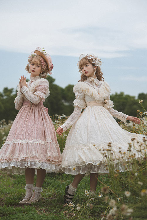 Lolita OP Dress - Elegant Vintage Rose Print, 3 Colors, Sweet Style, Bow Detail, Ruffled - additional product view 3