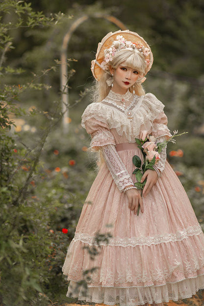 Lolita OP Dress - Elegant Vintage Rose Print, 3 Colors, Sweet Style, Bow Detail, Ruffled - additional product view 9