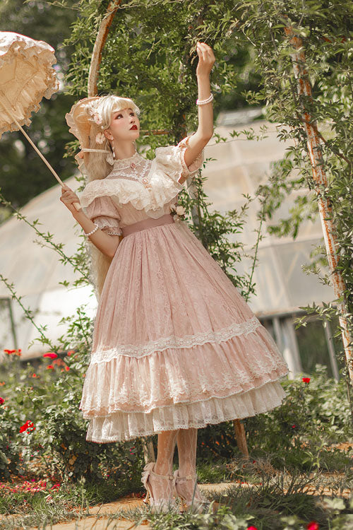 Lolita OP Dress - Elegant Vintage Rose Print, 3 Colors, Sweet Style, Bow Detail, Ruffled - additional product view 11