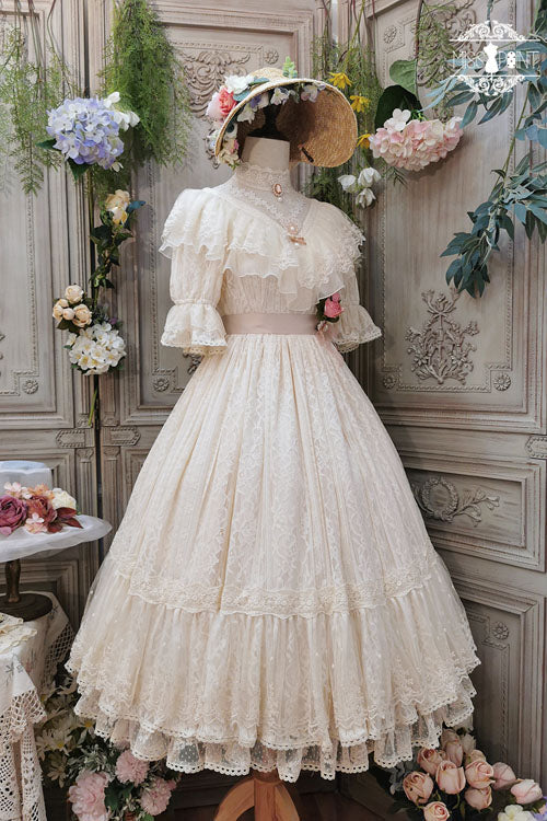 Lolita OP Dress - Elegant Vintage Rose Print, 3 Colors, Sweet Style, Bow Detail, Ruffled - XS Ivory / S Ivory / M Ivory option