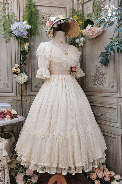 Lolita OP Dress - Elegant Vintage Rose Print, 3 Colors, Sweet Style, Bow Detail, Ruffled - XS Ivory / S Ivory / M Ivory option