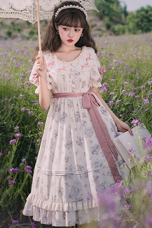 Lolita OP Dress - Flower Print, White, Ruffled, Printed, Sweet Style - additional product view 2