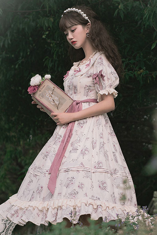 Lolita OP Dress - Flower Print, White, Ruffled, Printed, Sweet Style - additional product view 3