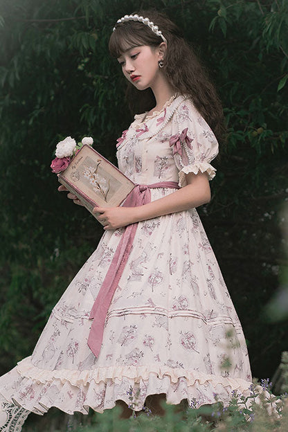 Lolita OP Dress - Flower Print, White, Ruffled, Printed, Sweet Style - additional product view 3