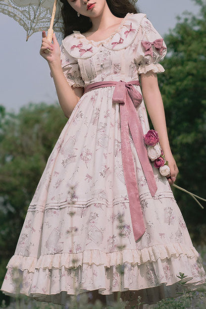 Lolita OP Dress - Flower Print, White, Ruffled, Printed, Sweet Style - main product image