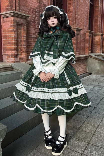 Lolita OP Dress - Gingham Petal Bunny, Green, Ruffled, Printed, Sweet Style - main product image