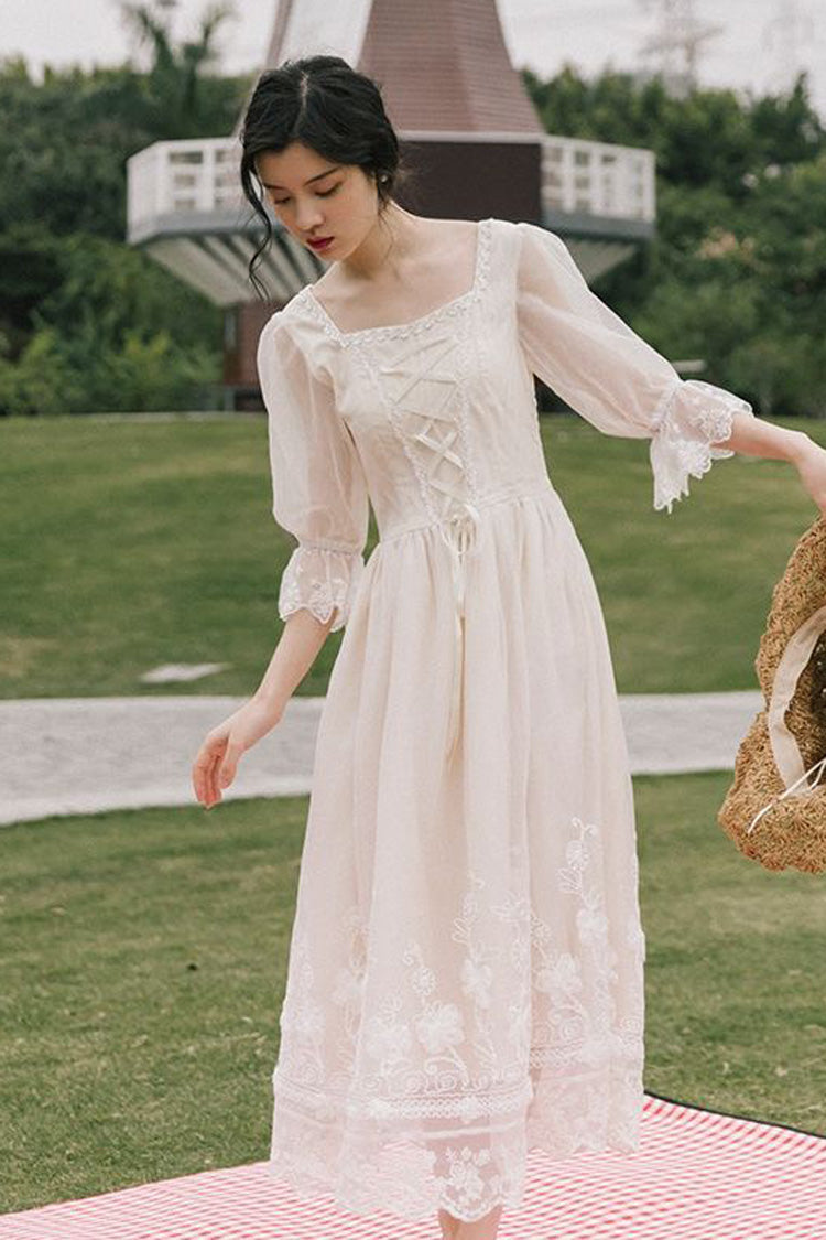 Lolita OP Dress - Lantern Half Sleeves, White, Sweet Style, Lace Trim, Printed - additional product view 2